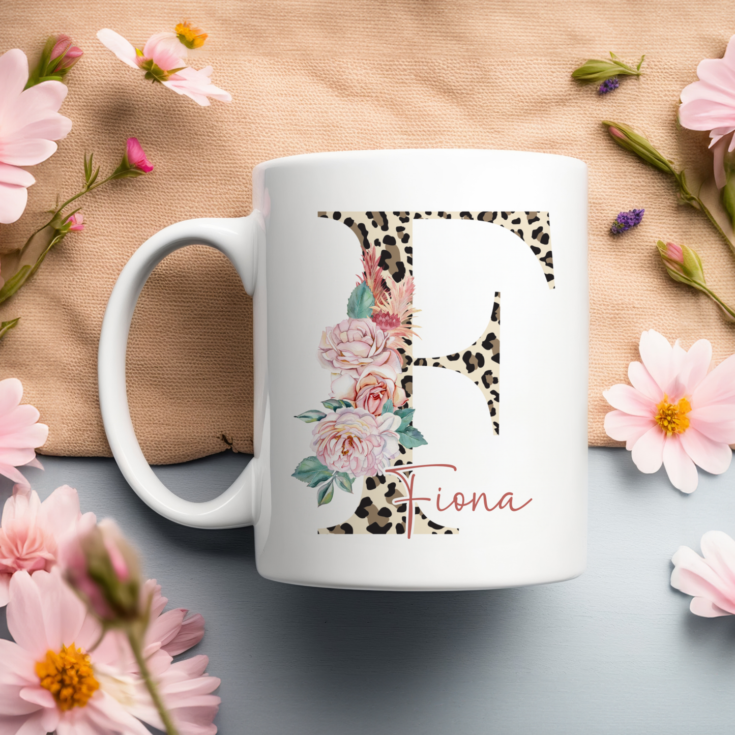 Alphabet Leopard Floral Mug