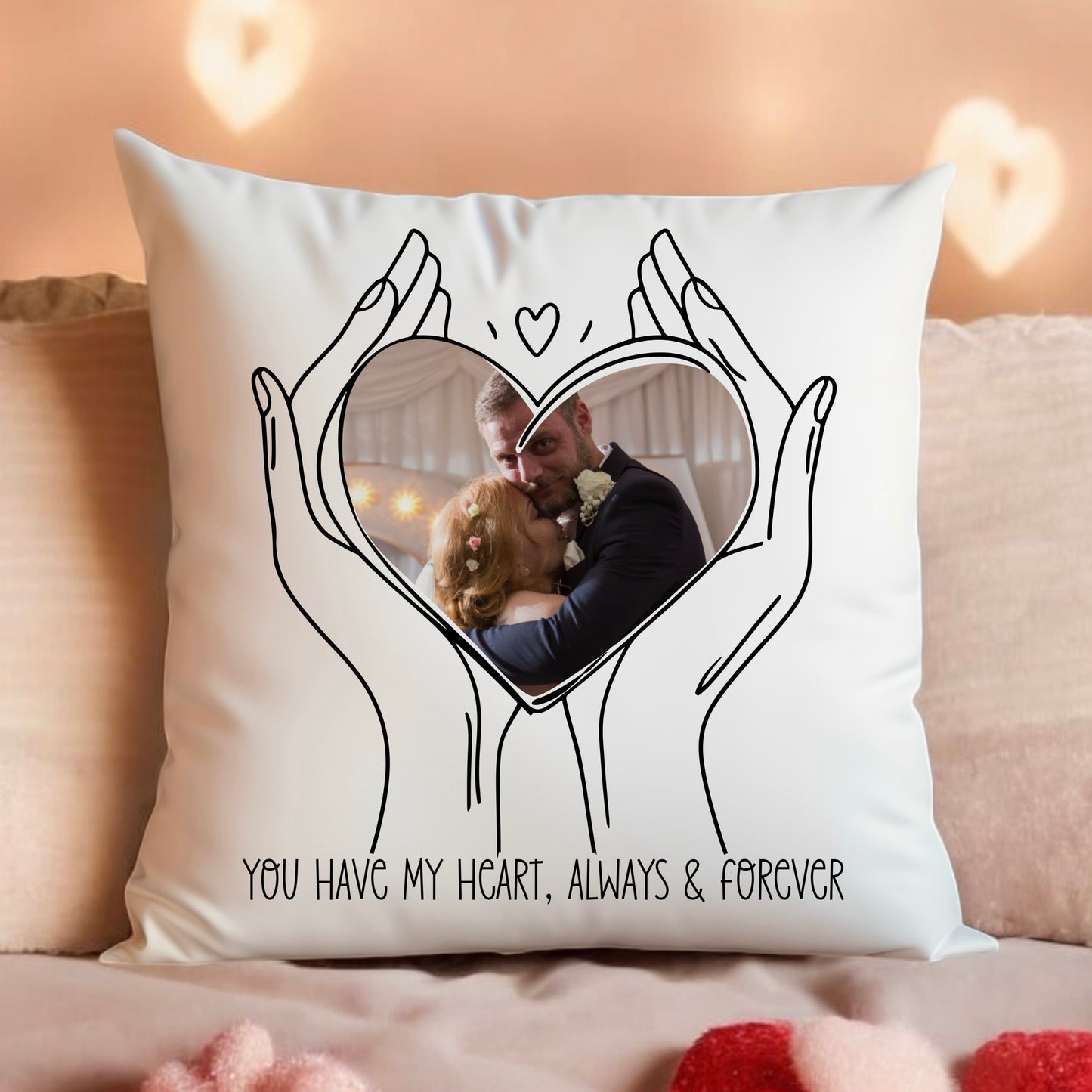 Couples Heart Holding Photo Cushion | Anniversary Gift
