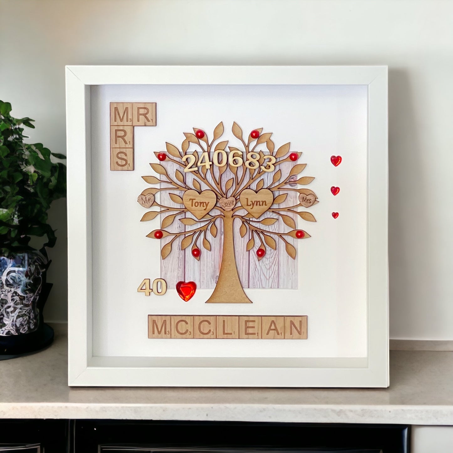 Ruby Wedding Anniversary Gift Personalised Scrabble Tree Frame | 40th Anniversary