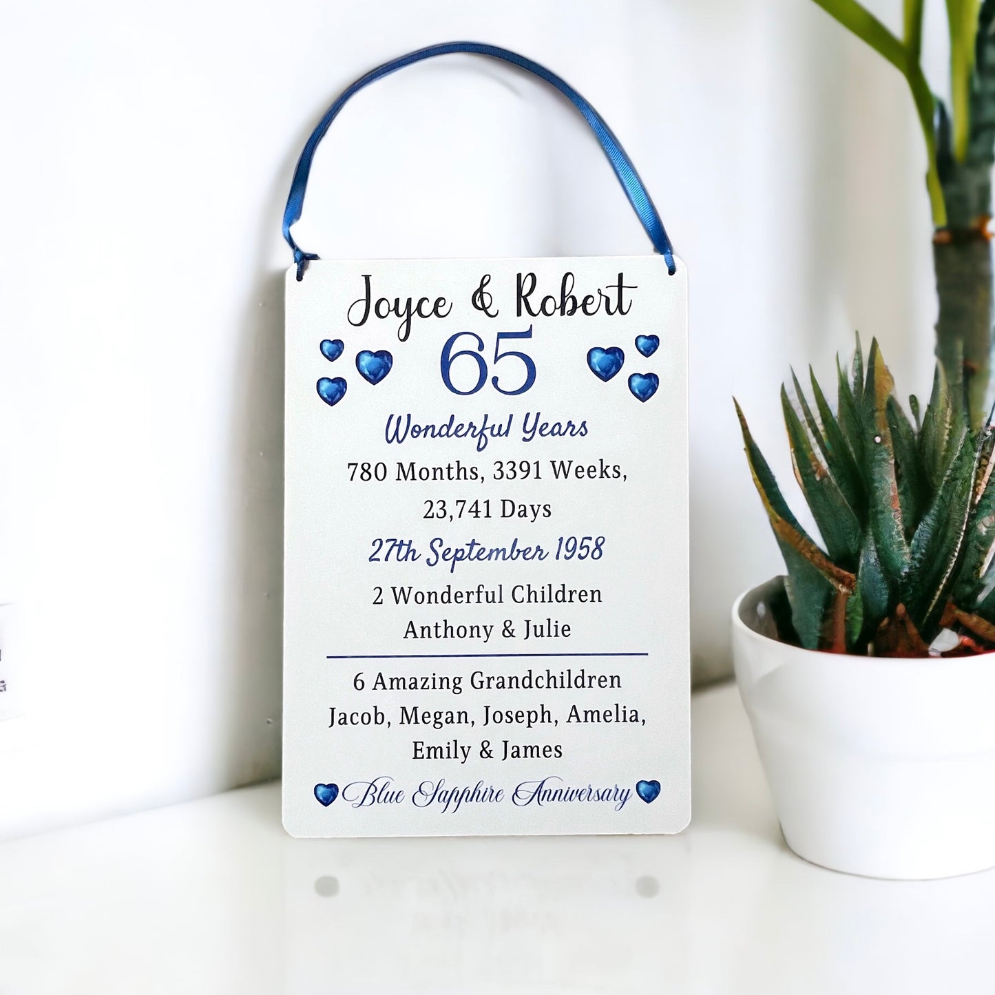 Blue Sapphire Wedding Anniversary Gift Personalised Plaque 65th Wedding Anniversary