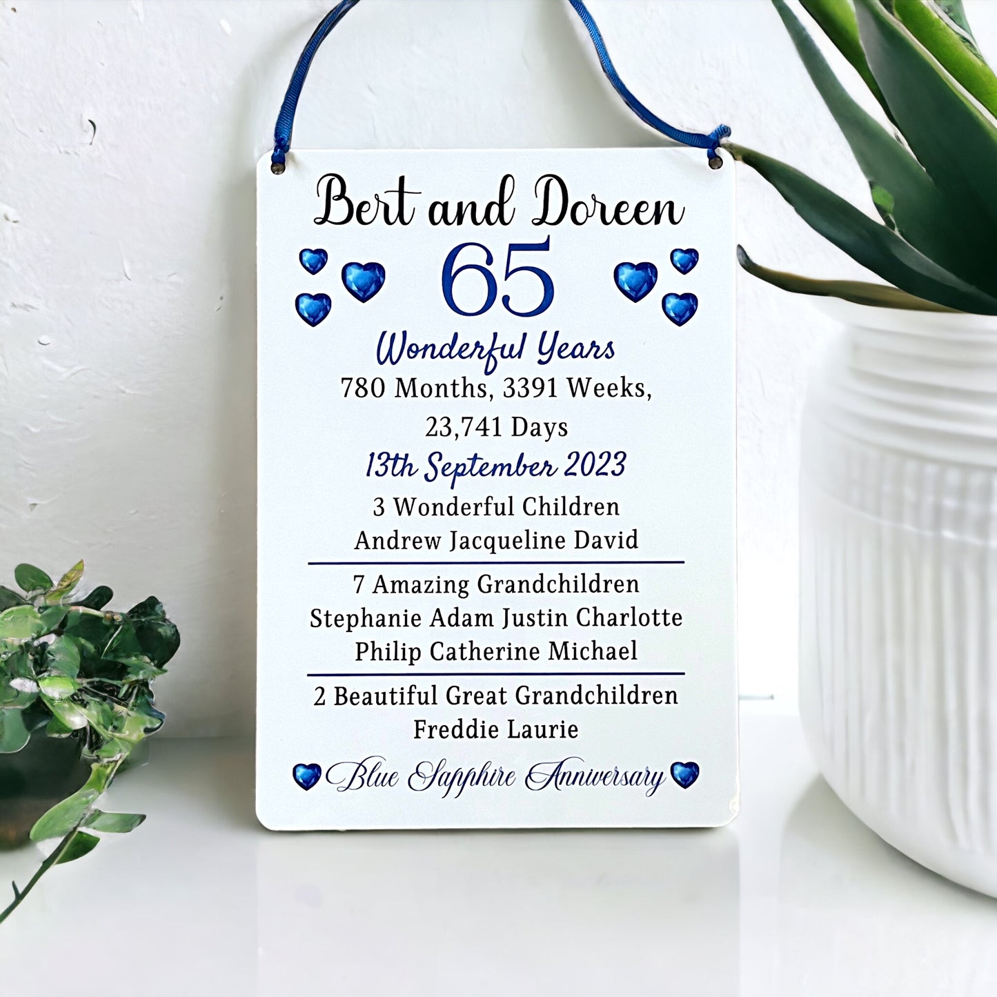 Blue Sapphire Wedding Anniversary Gift Personalised Plaque 65th Wedding Anniversary