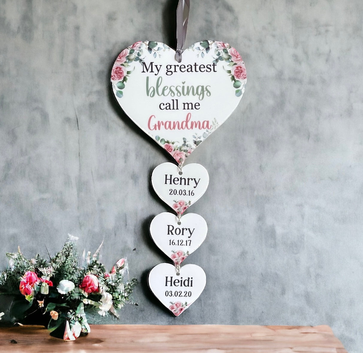 Greatest Blessings Floral Personalised Hanging Heart Plaque