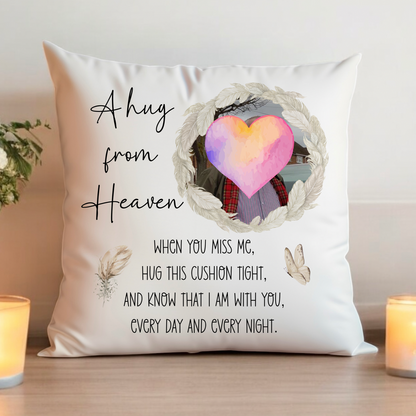 A Hug From Heaven Memorial Feather Photo Cushion