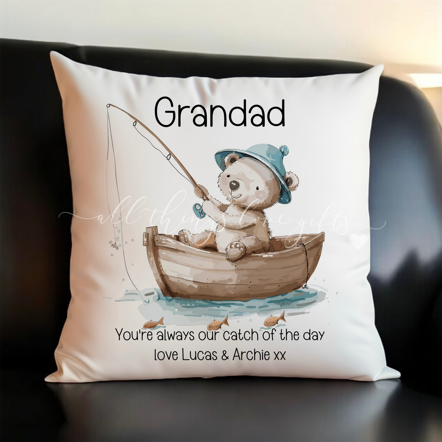 Fishing Bear Personalised Cushion | Grandad Fishing Gift