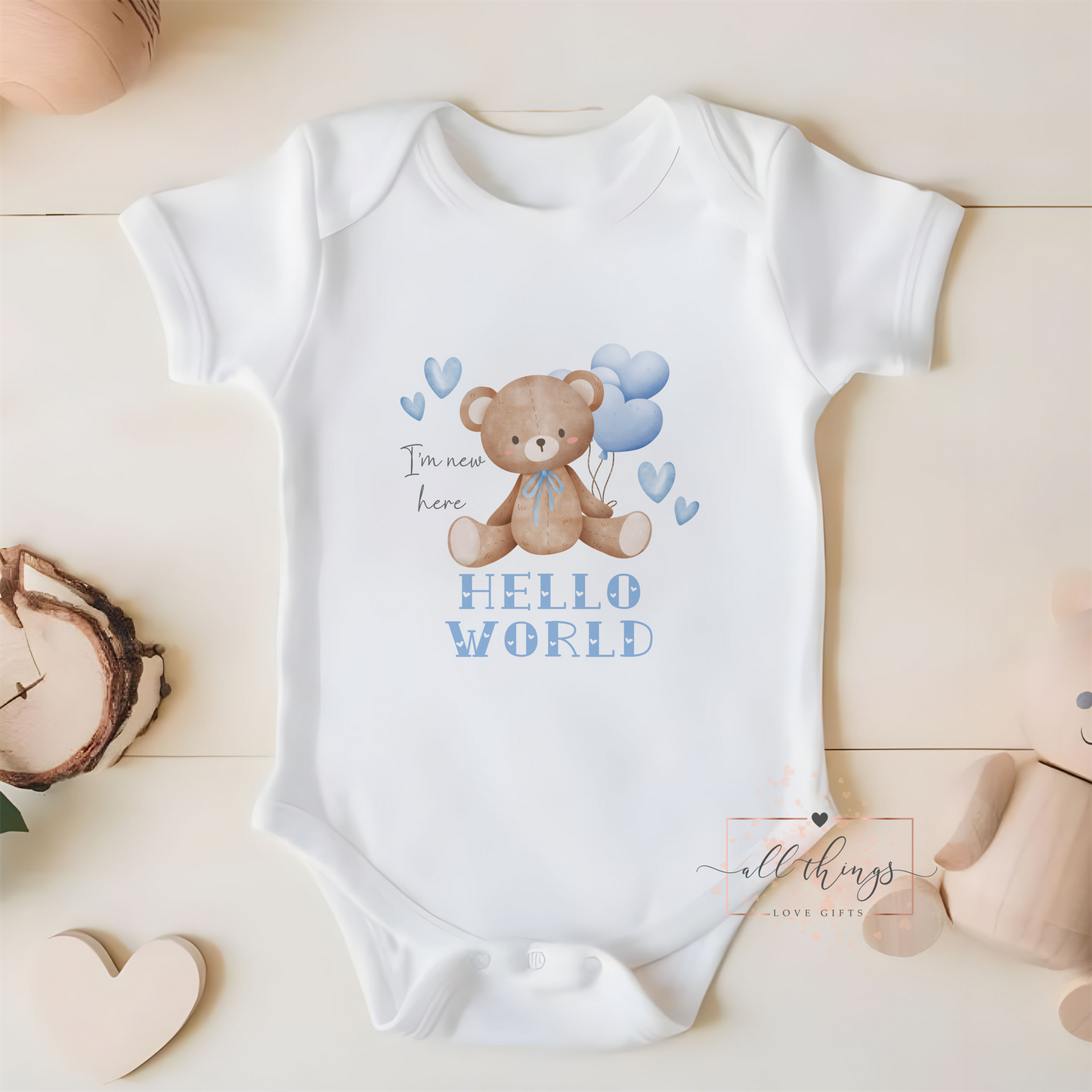 New Baby Vest. Blue Hello World Baby Arrival Vest