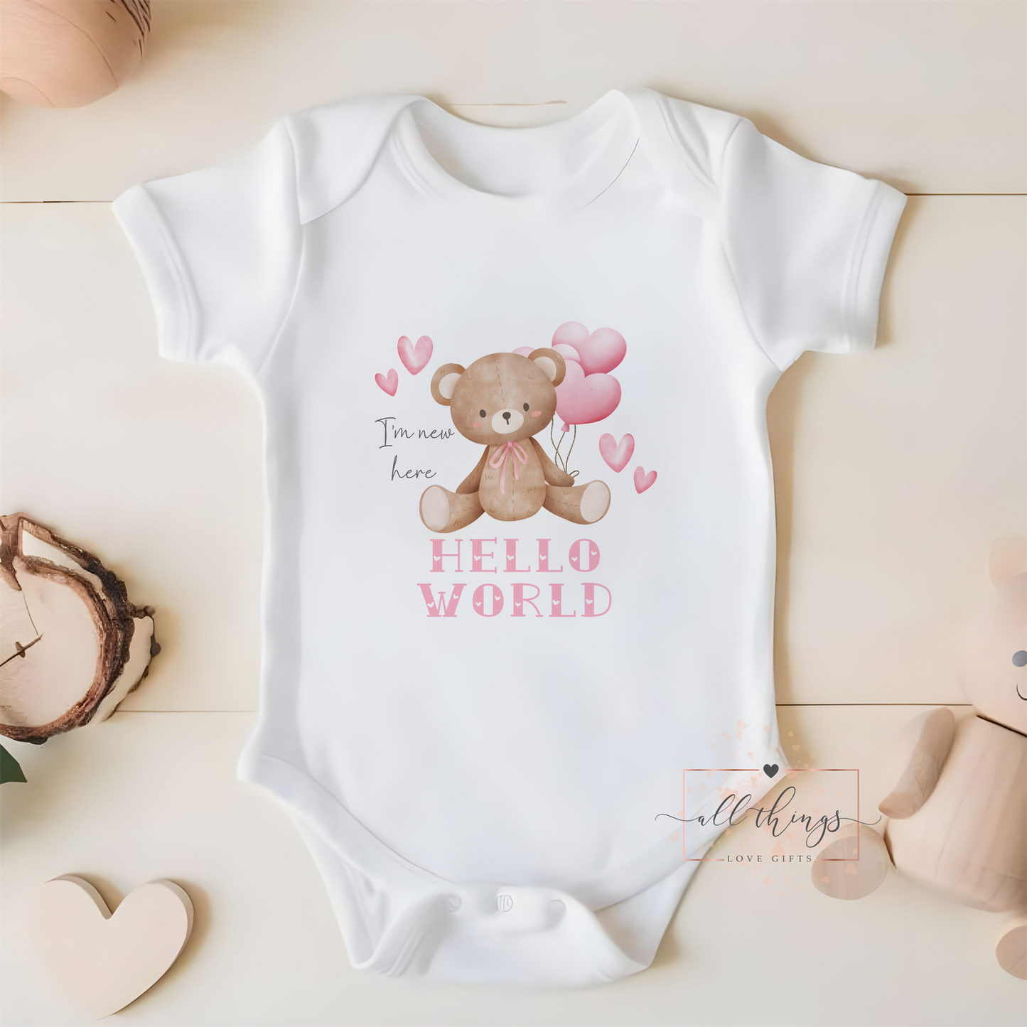 New Baby Vest. Pink Hello World Baby Arrival Vest