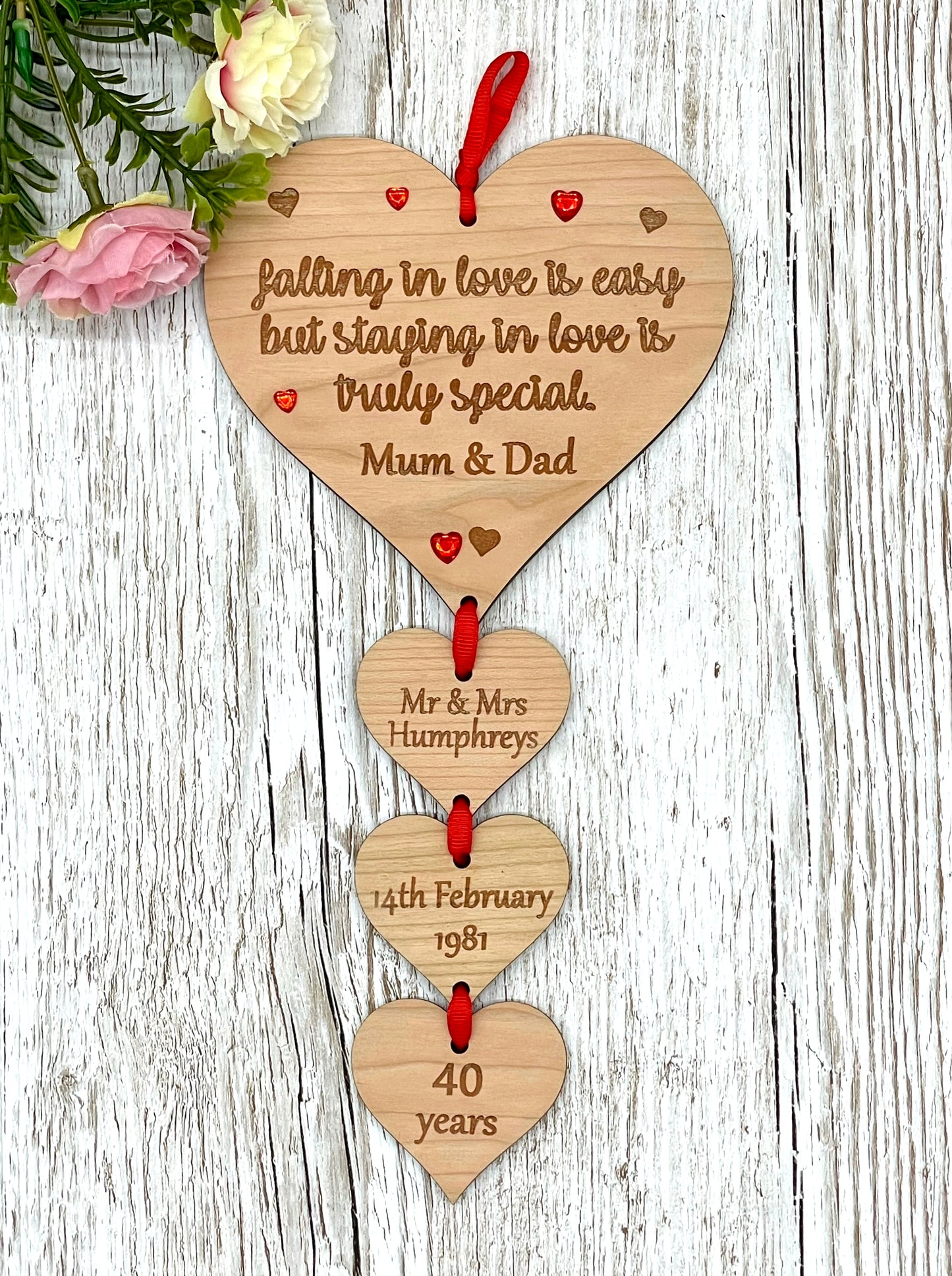 Ruby Wedding Anniversary 40th Anniversary Personalised Hanging Hearts Plaque
