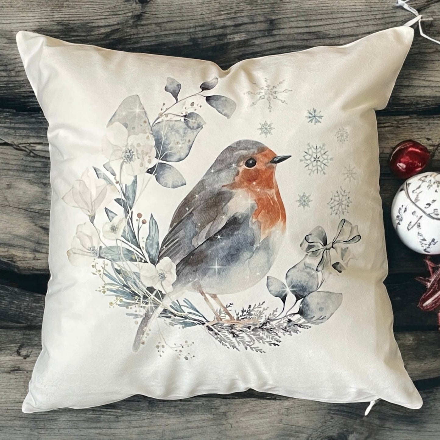 Winter Robin Wreath Cushion