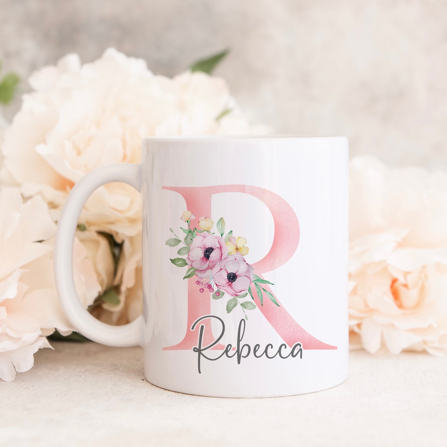 Alphabet Pink Watercolour Floral Mug