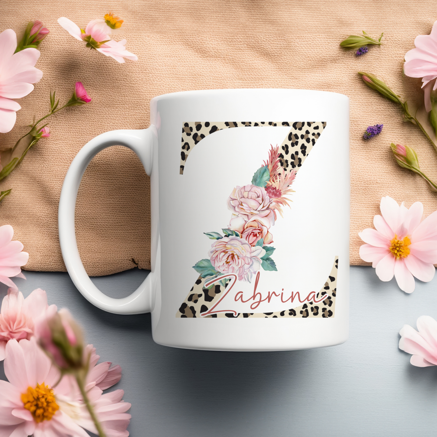 Alphabet Leopard  Floral Mug