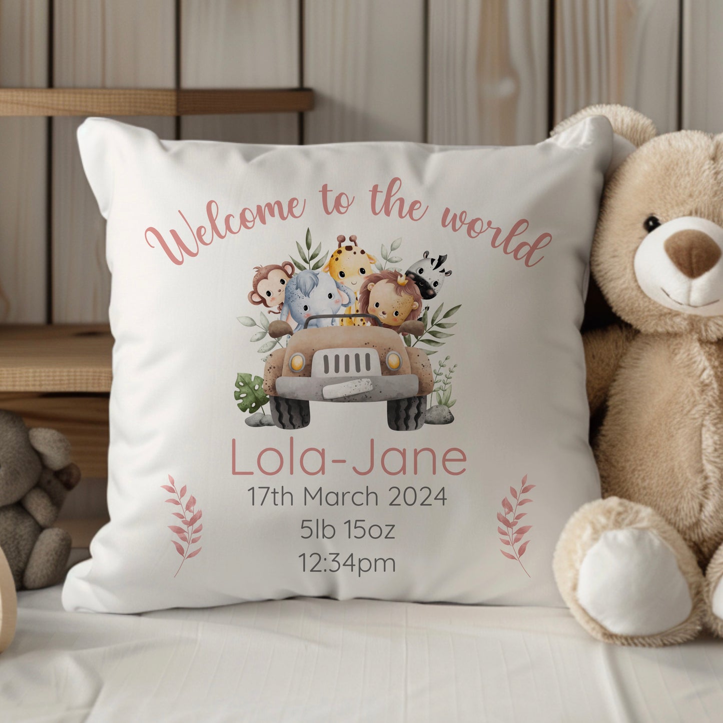 New Baby Personalised Safari Themed Cushion