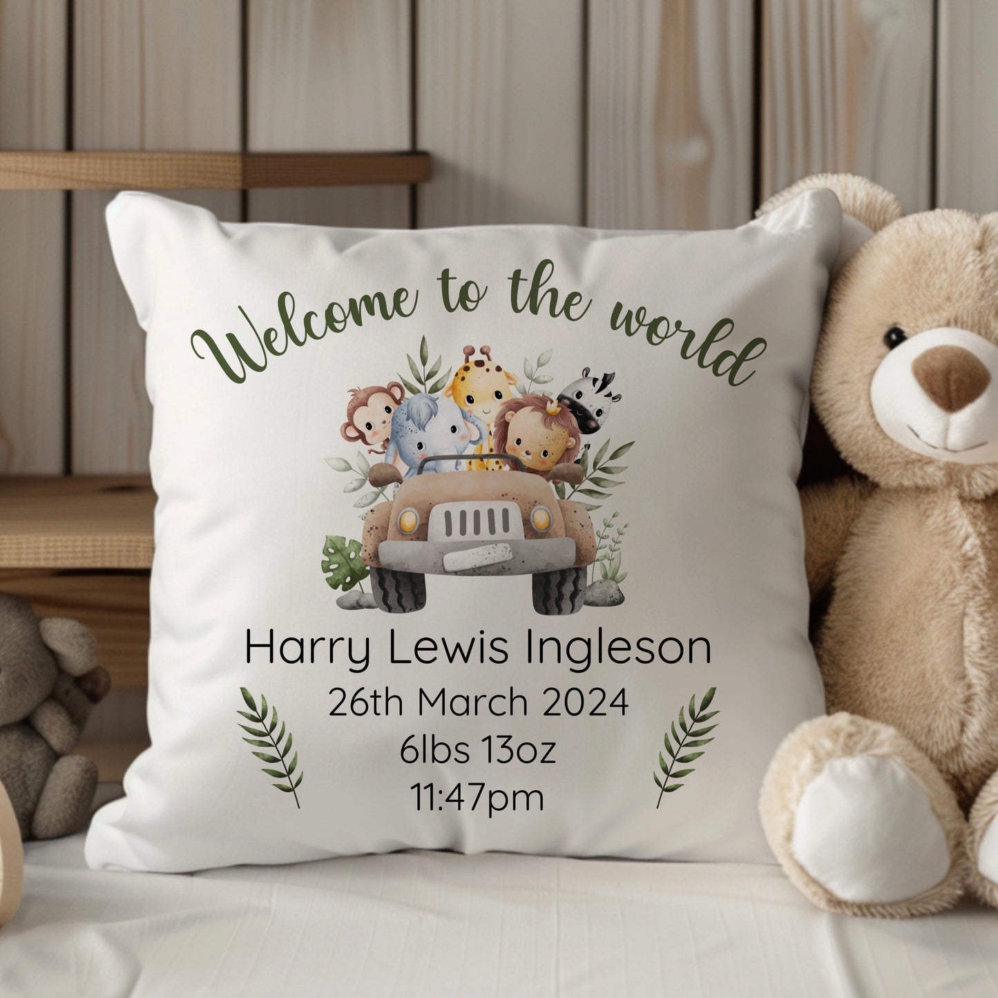 New Baby Personalised Safari Themed Cushion