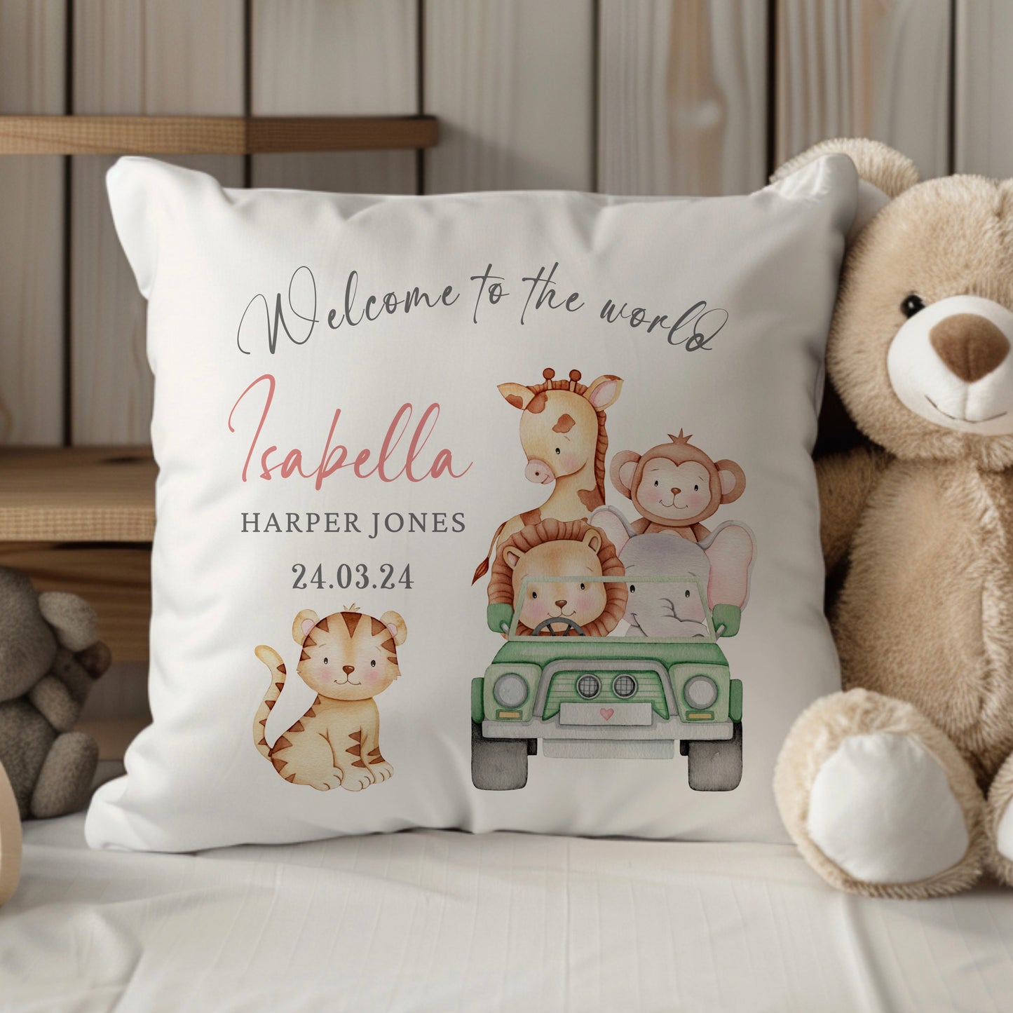 New Baby Personalised Safari Themed Cushion