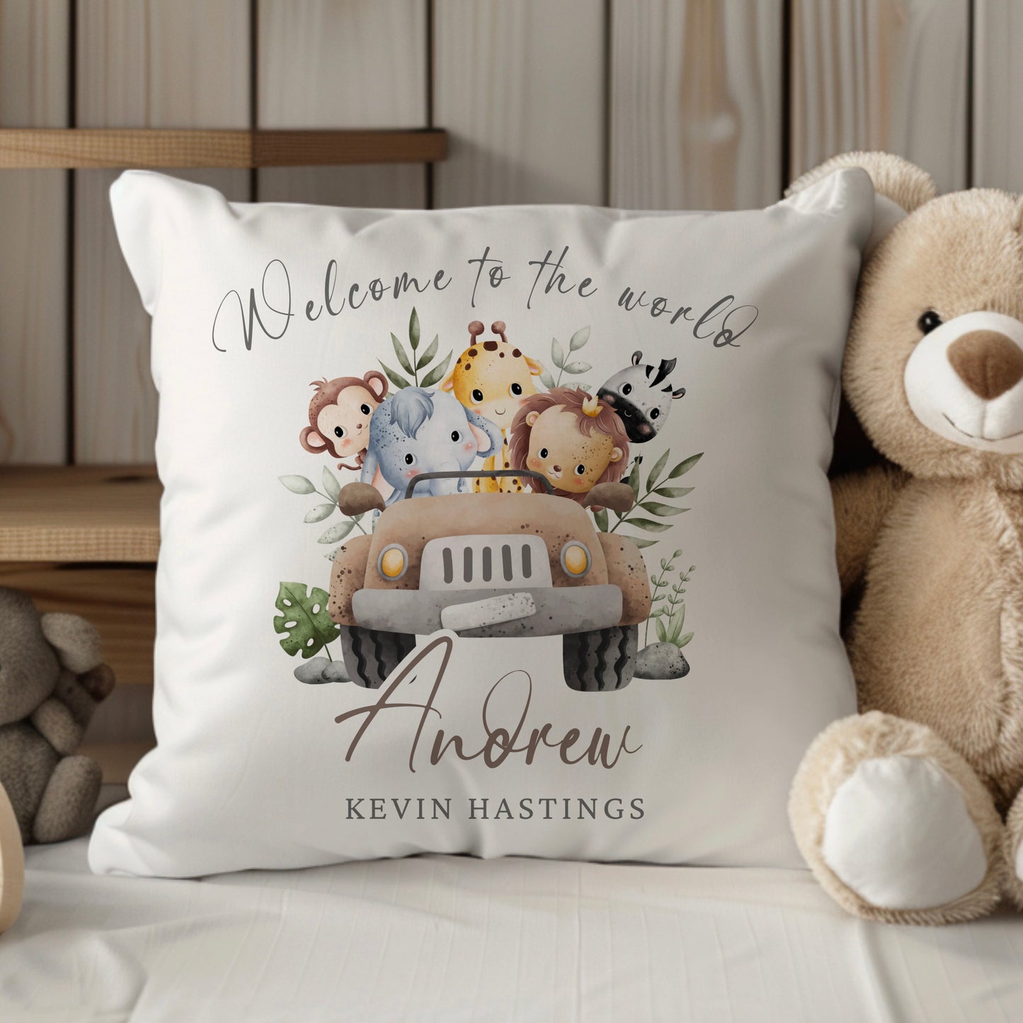 New Baby Personalised Safari Themed Cushion