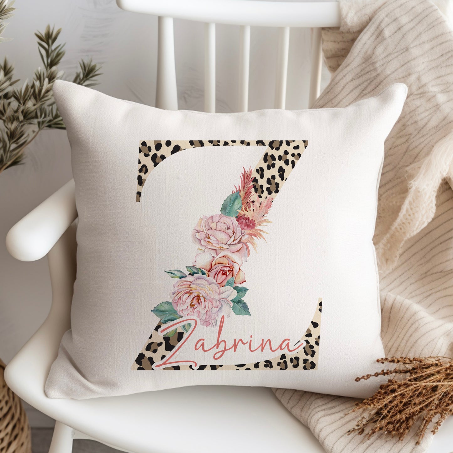 Alphabet Leopard Floral Cushion