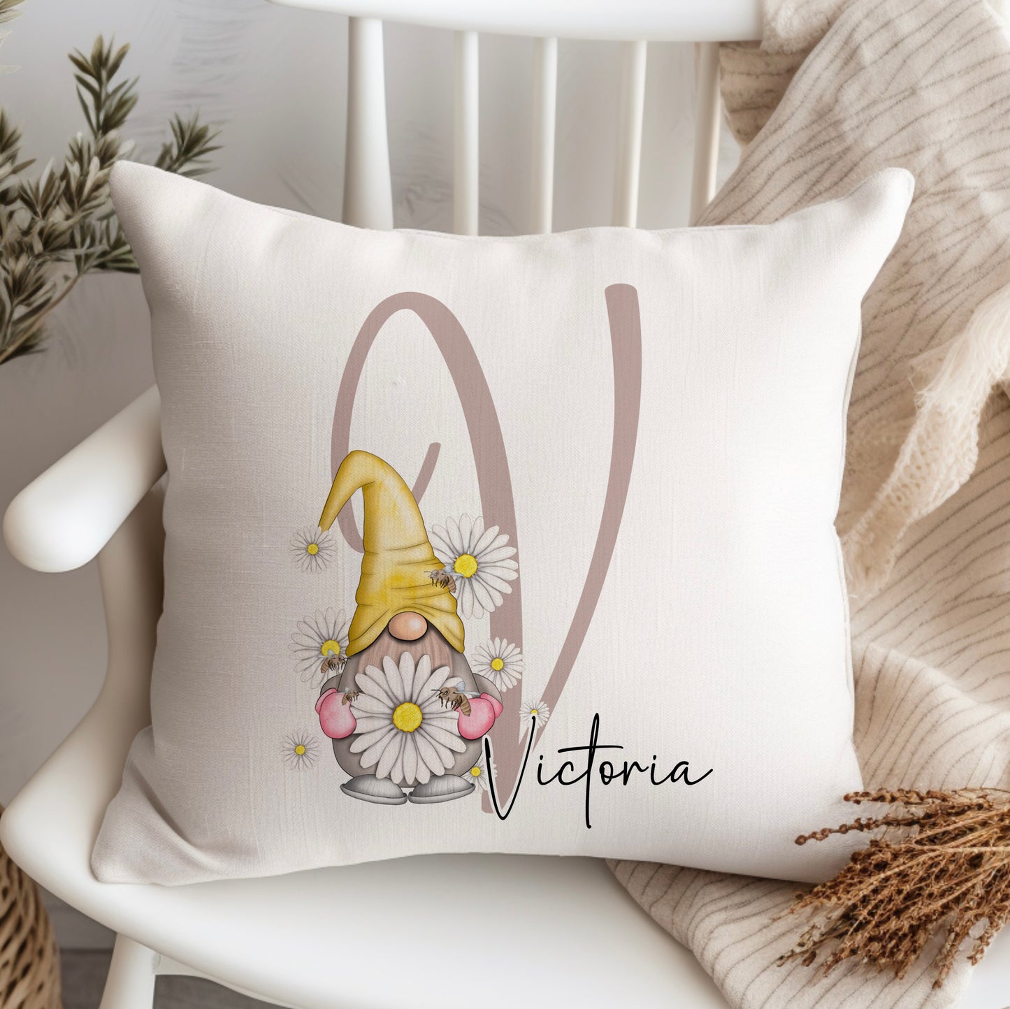 Alphabet Gnome Daisy Cushion