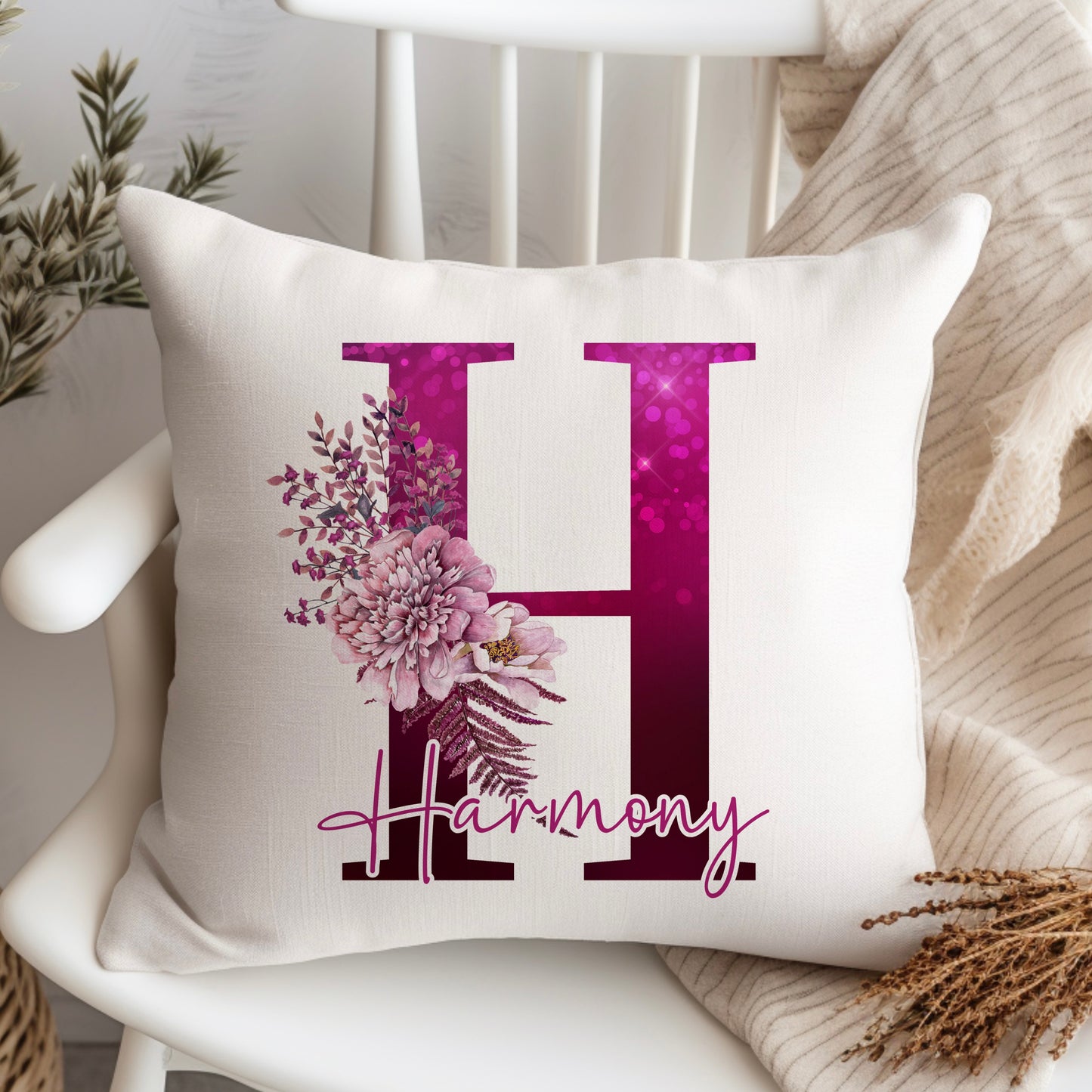 Alphabet Floral Pink Cushion