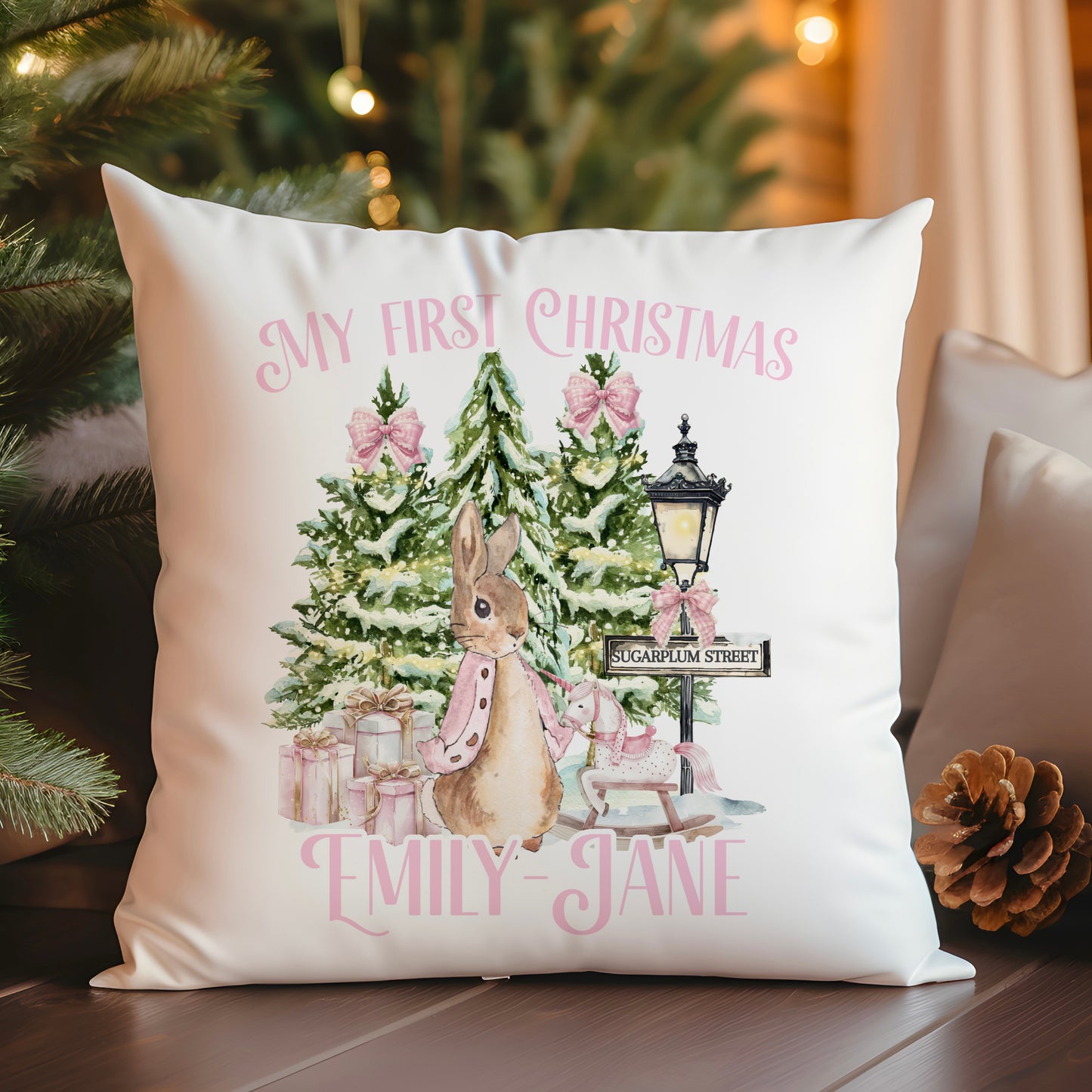 Christmas Rabbit Pink And Blue First Christmas Cushion