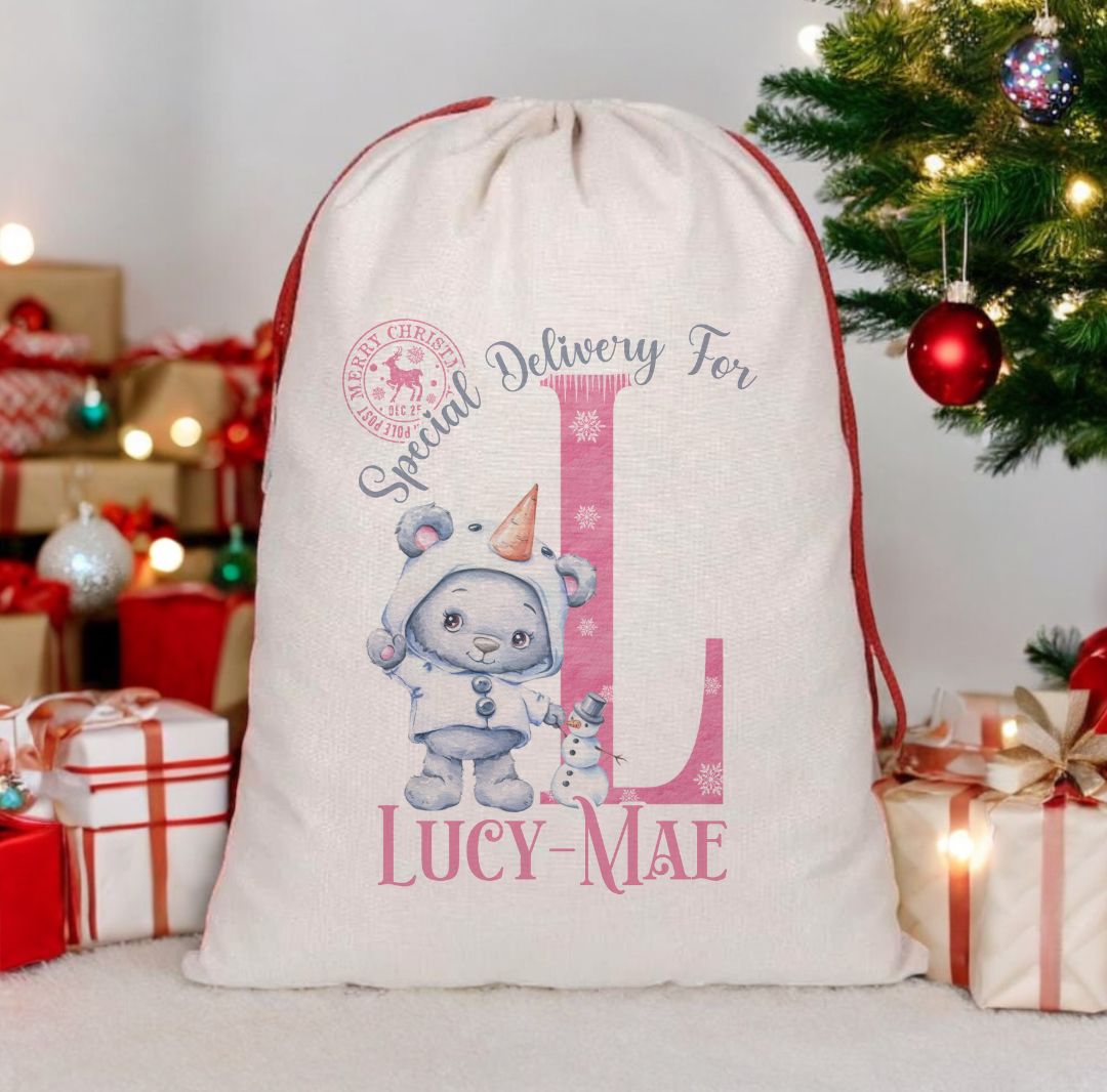 Christmas Pink Bear Initial Sack