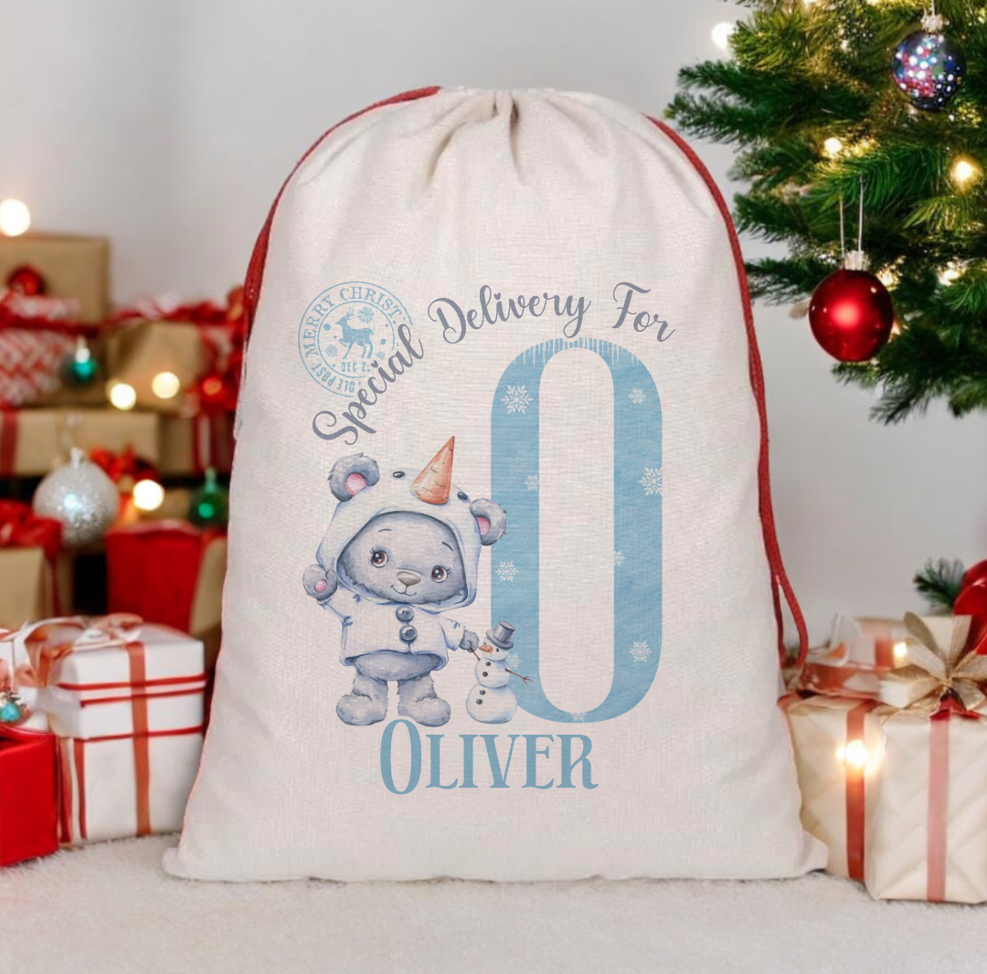 Christmas Blue Bear Initial Sack