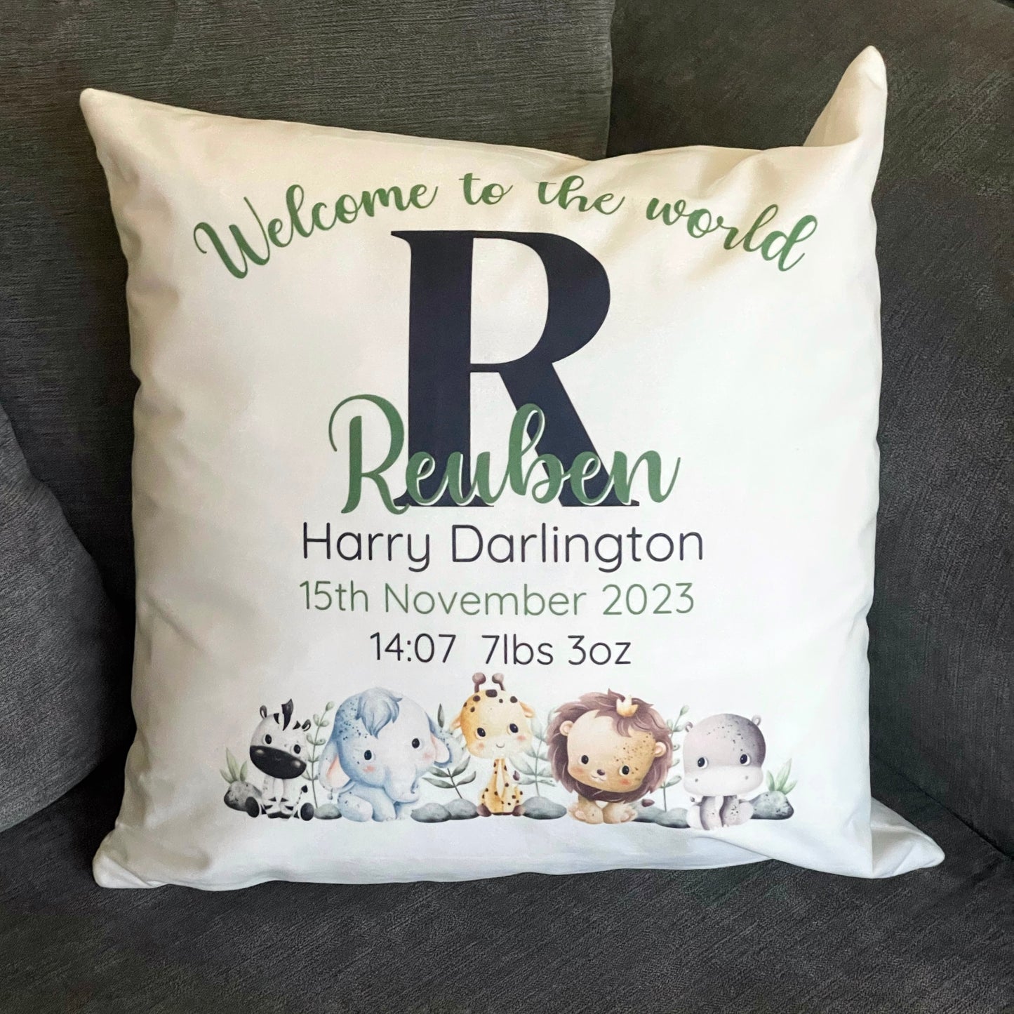 New Baby Personalised Safari Themed Cushion