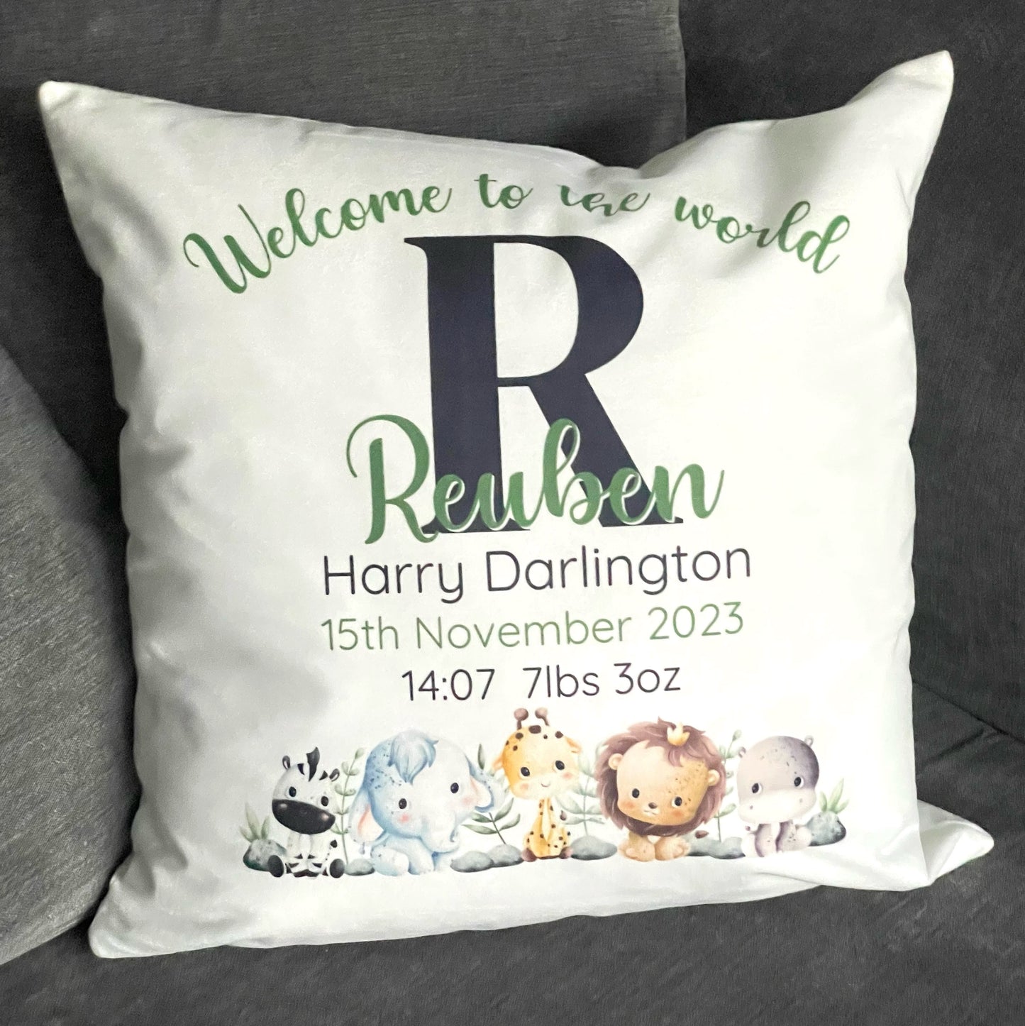 New Baby Personalised Safari Themed Cushion