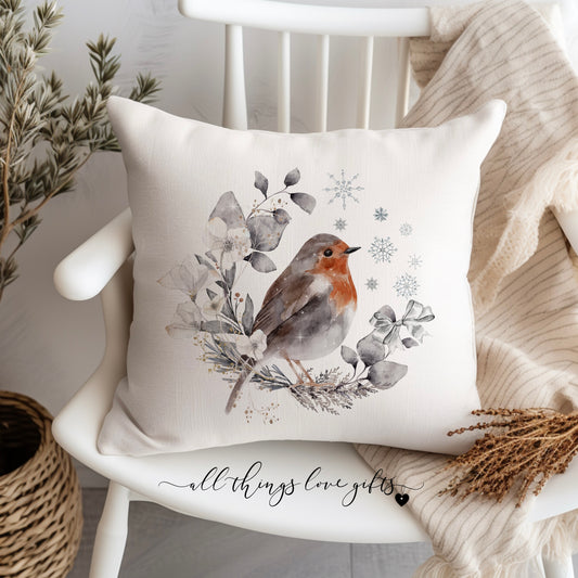 Winter Robin Wreath Cushion