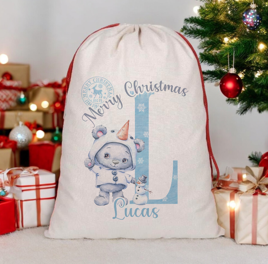 Christmas Blue Bear Initial Sack