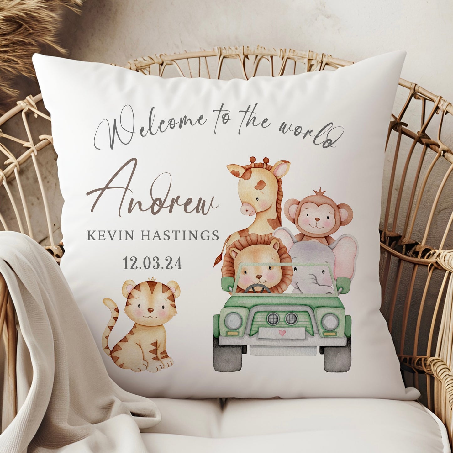 New Baby Personalised Safari Themed Cushion