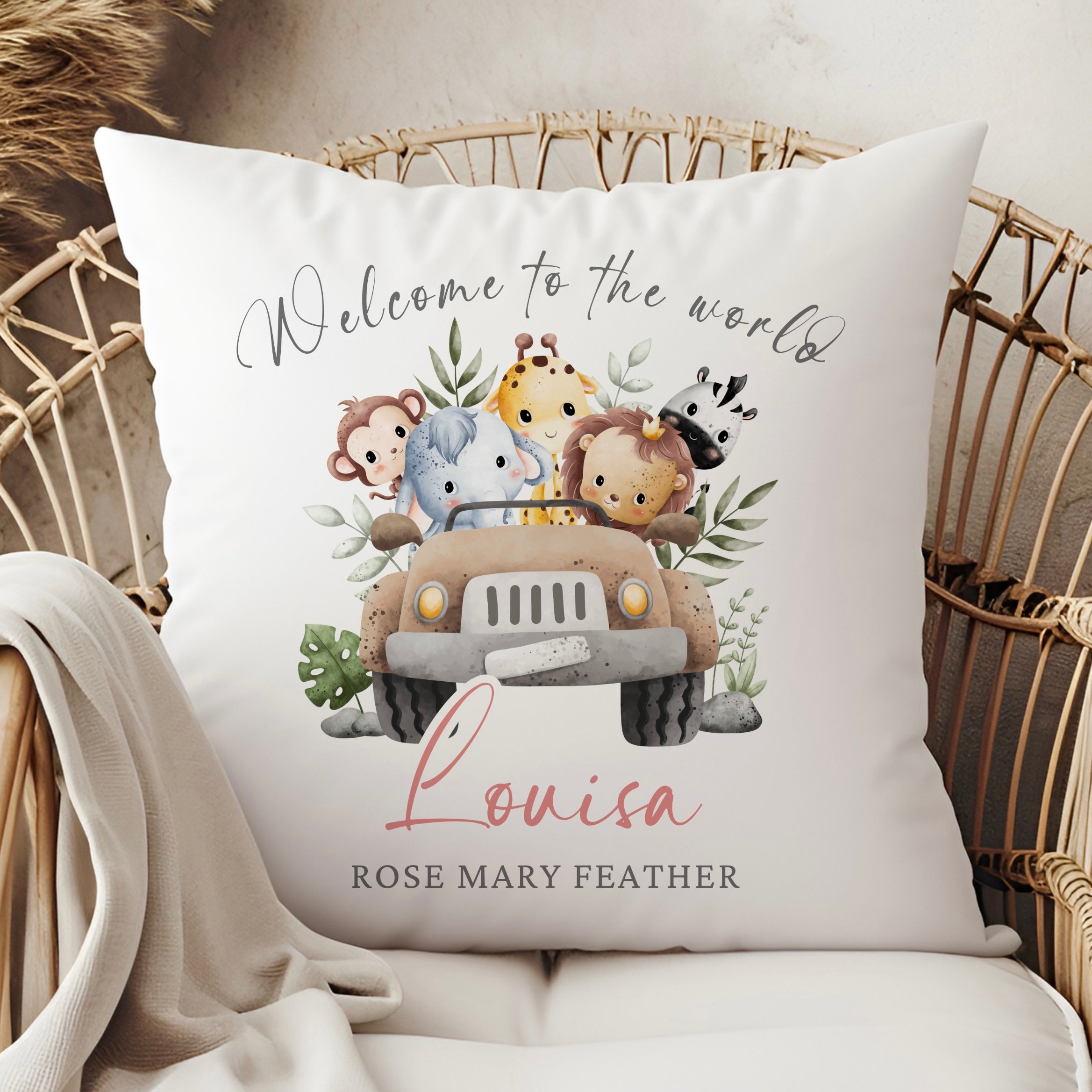 New Baby Personalised Safari Themed Cushion All Things Love Gifts