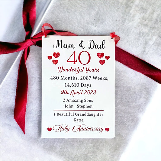 Ruby Wedding Anniversary Gift Personalised Plaque