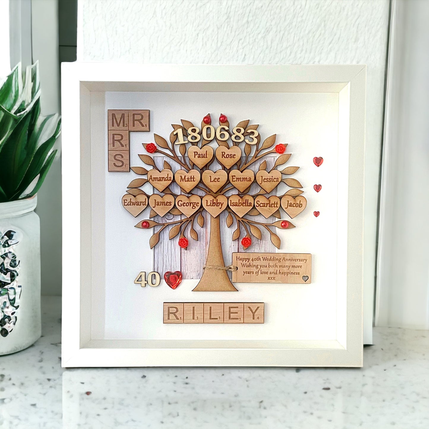 Ruby Wedding Anniversary Gift Personalised Scrabble Family Tree Frame | 40th Anniversary