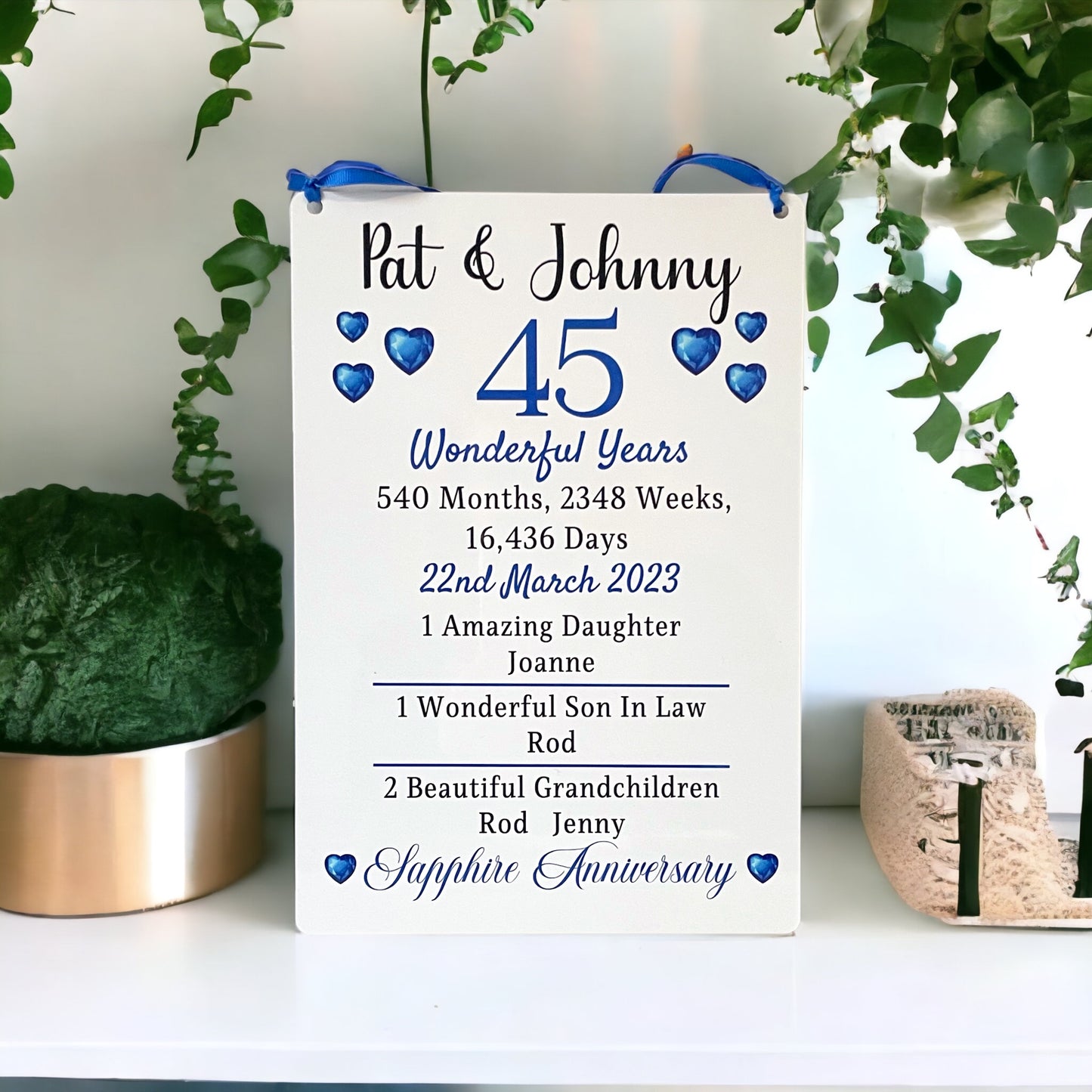 Sapphire Wedding Anniversary Gift | 45th Wedding Anniversary Plaque