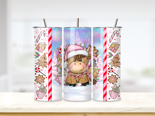 Pink Highland Cow Christmas Tumbler 20oz