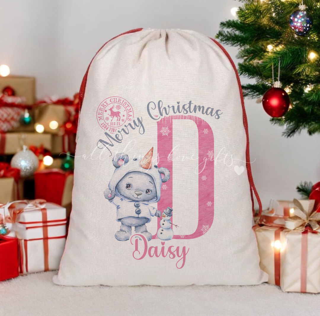 Christmas Pink Bear Initial Sack