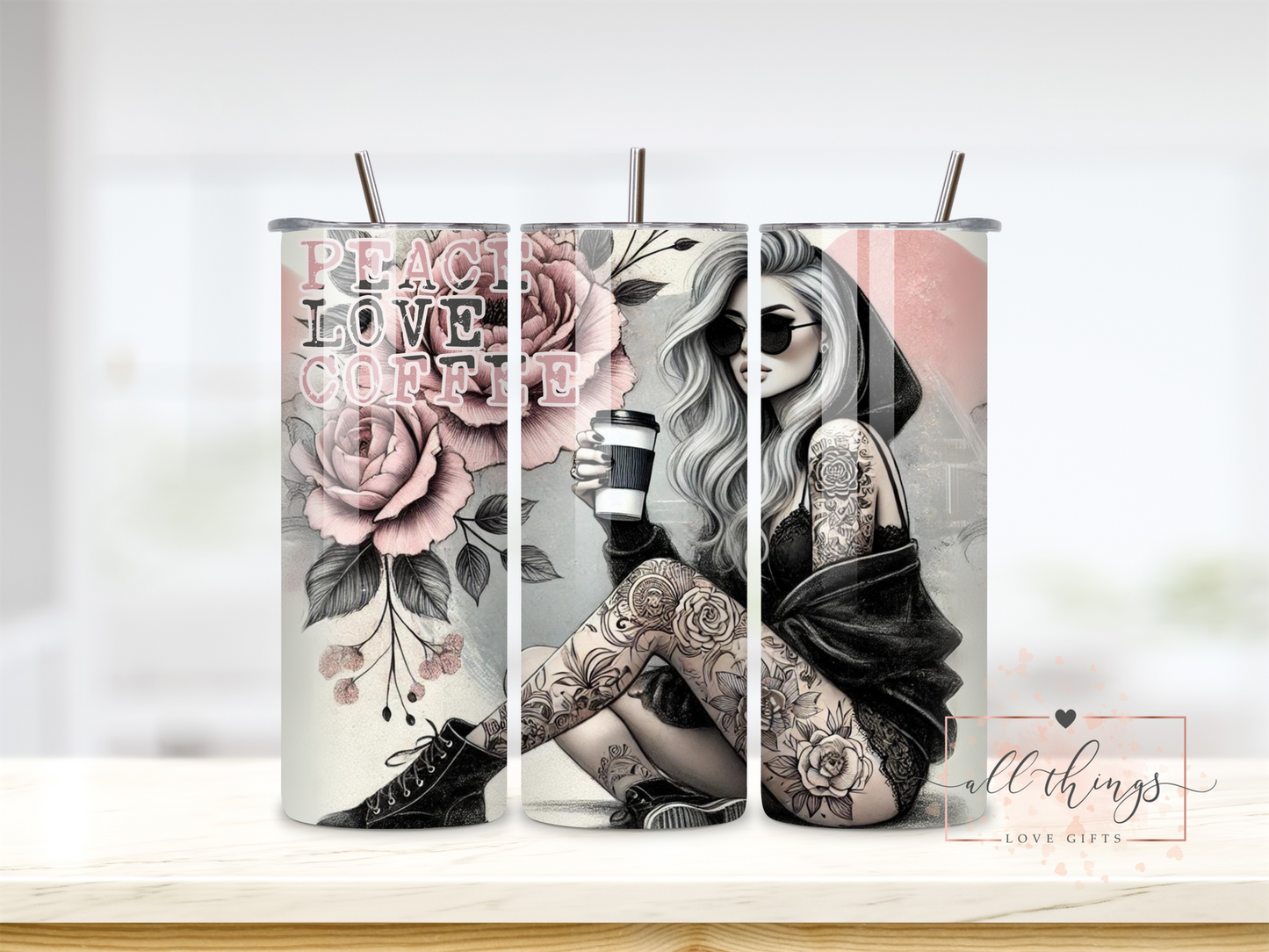 Tattoo Girl Peace Love Coffee Tumbler