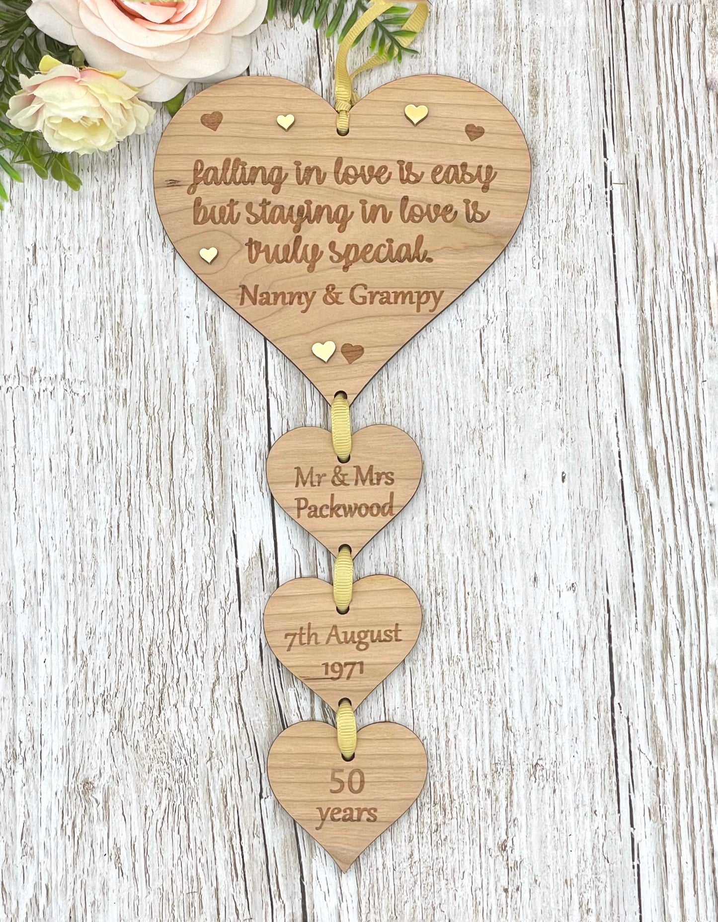 Golden Wedding Anniversary 50th Anniversary Personalised Hanging Hearts Plaque