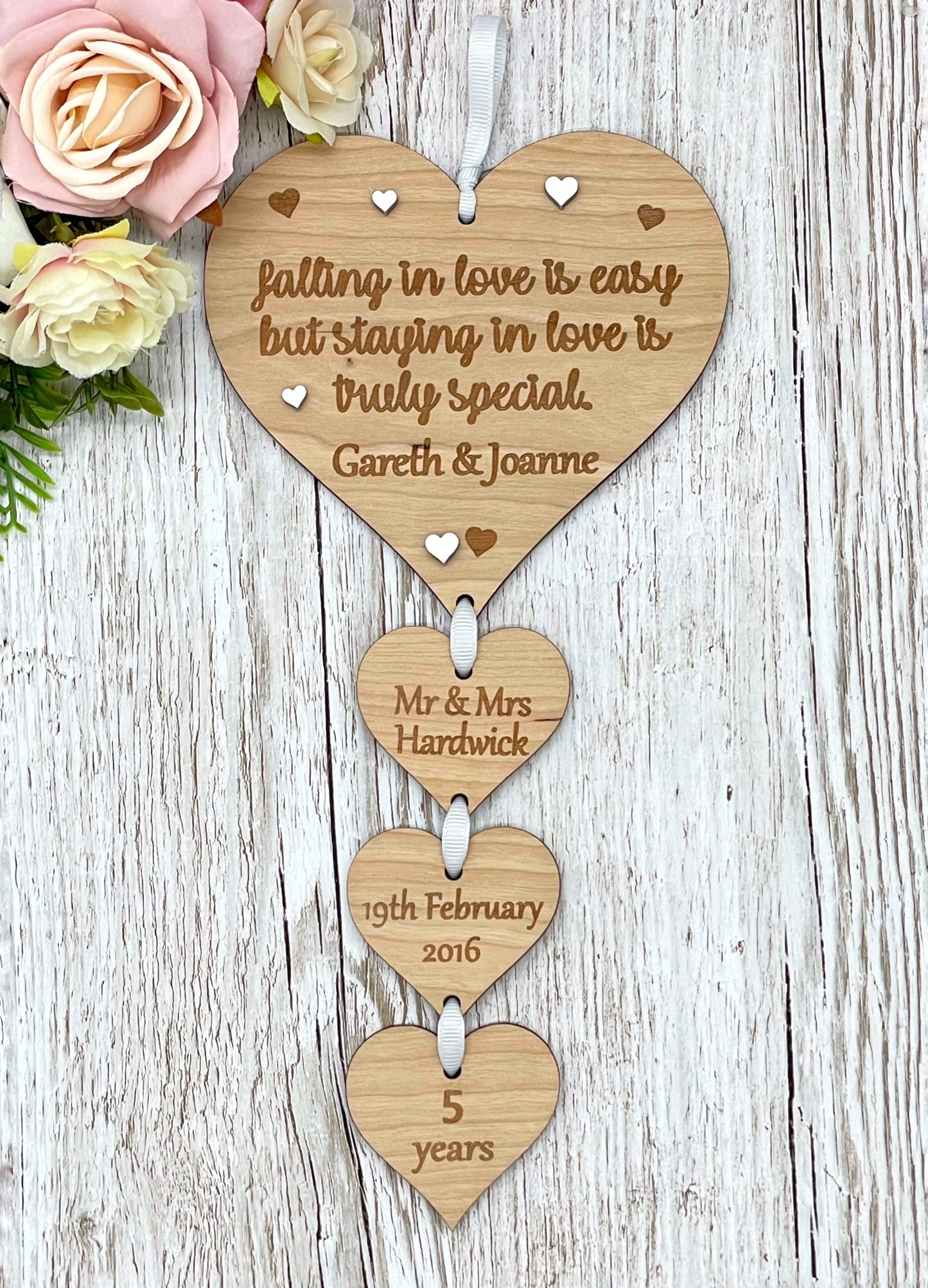 Wooden Wedding Anniversary Gift | 5th Anniversary Hearts Plaque