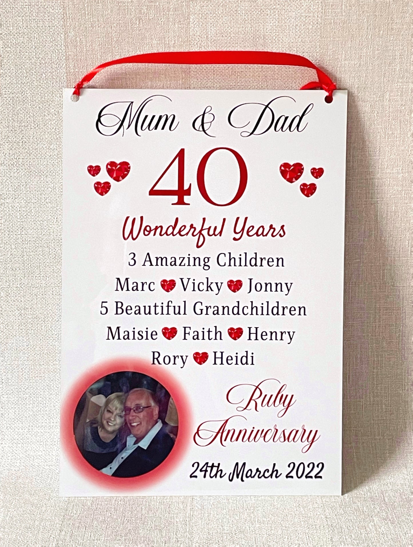 Ruby Wedding Anniversary Gift Personalised Photo Plaque