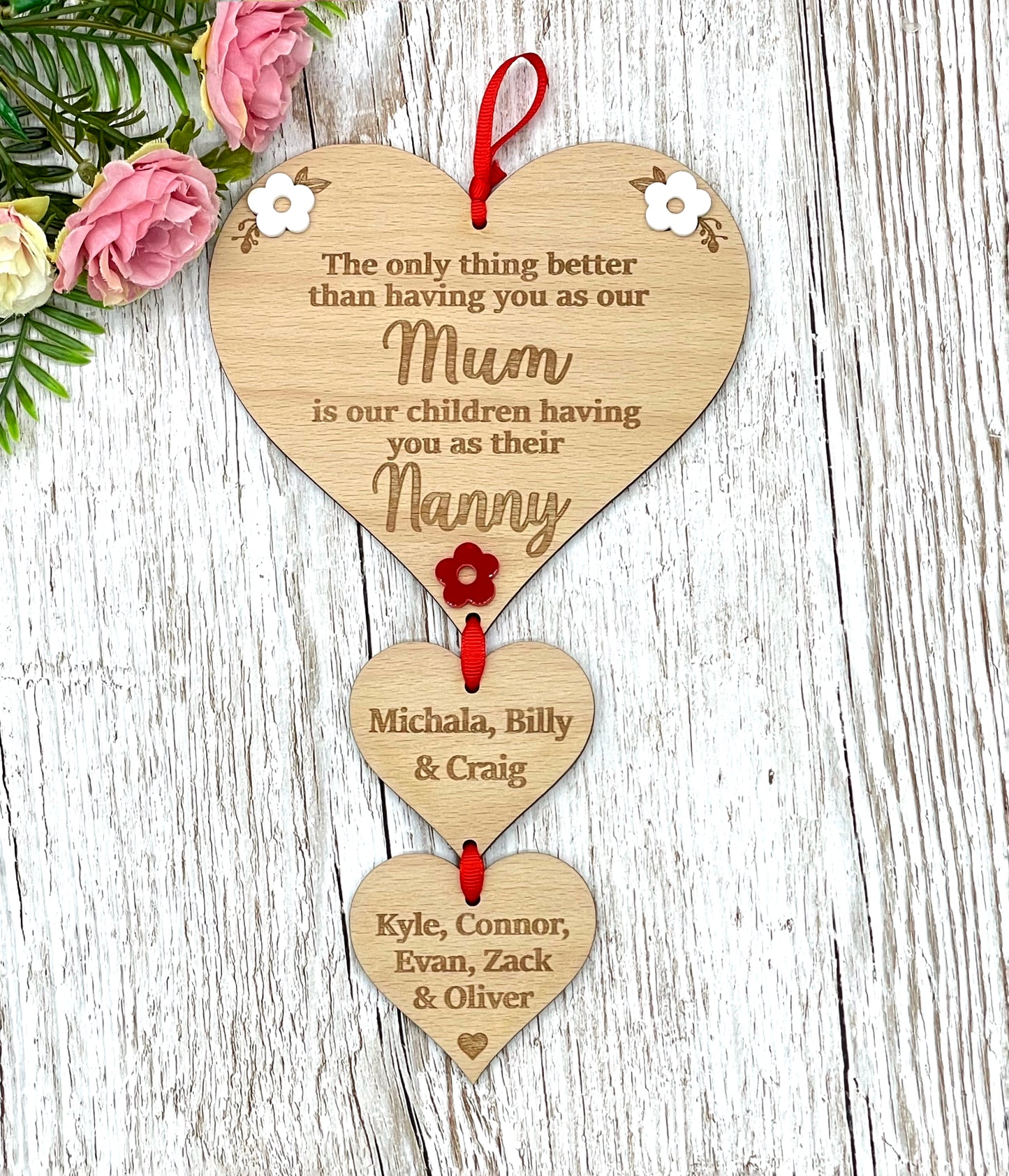 Mum Grandma Hanging Heart Personalised Plaque