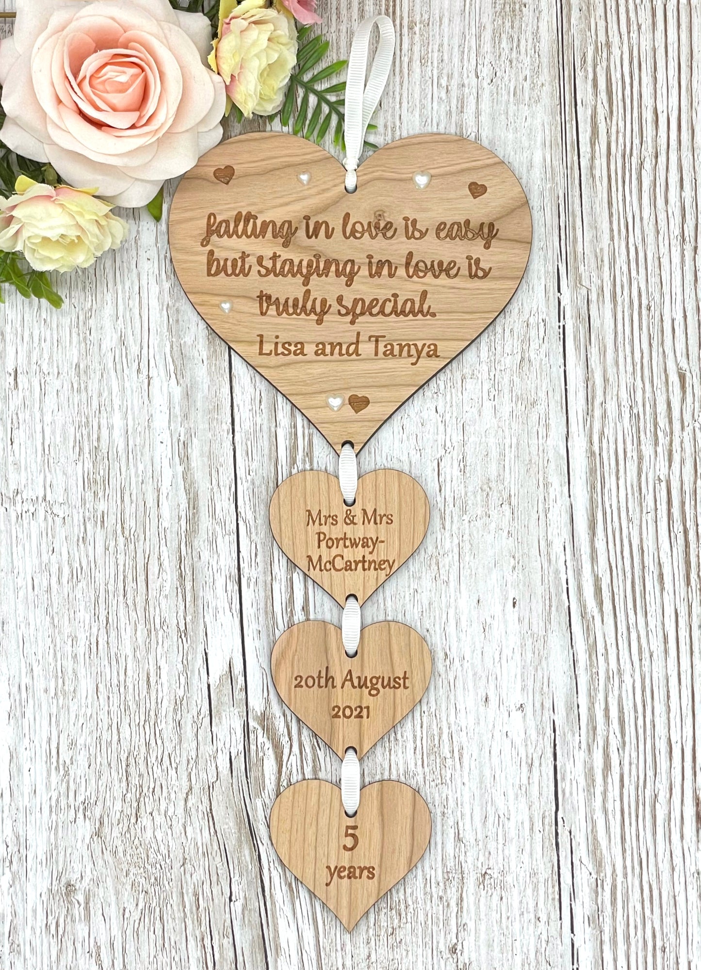 Wooden Wedding Anniversary 5th Anniversary Personalised Hanging Hearts Plaque