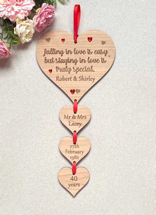 Ruby Wedding Anniversary 40th Anniversary Personalised Hanging Hearts Plaque