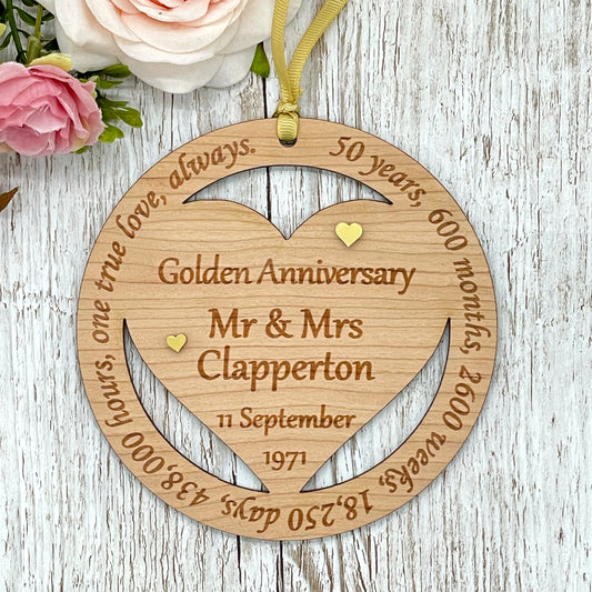 Golden Wedding Anniversary Gift Wooden Hanging Plaque 50th Anniversary