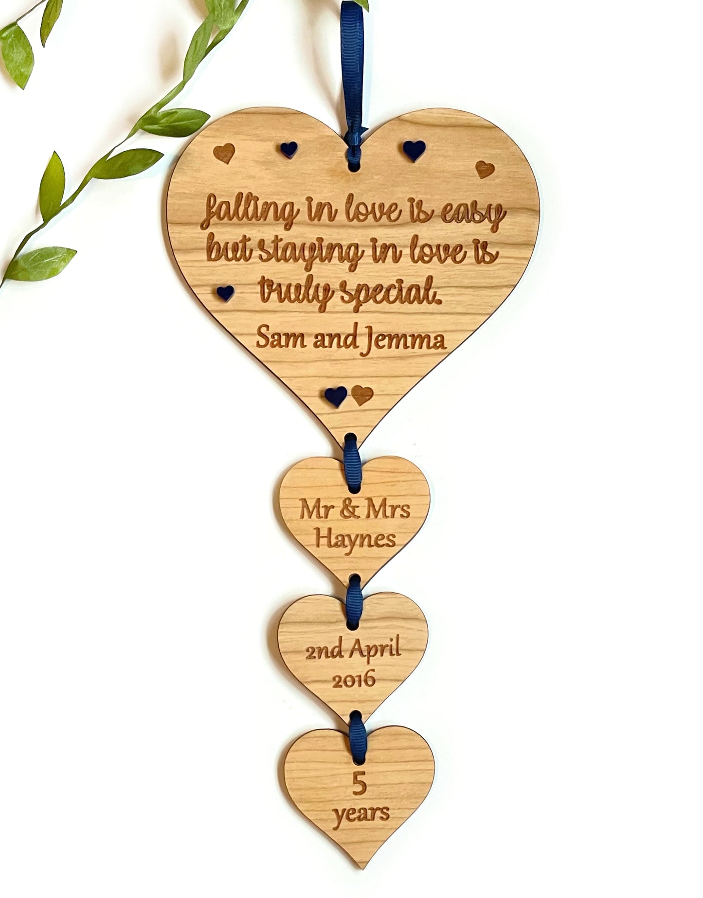 Wooden Wedding Anniversary 5th Anniversary Personalised Hanging Hearts Plaque