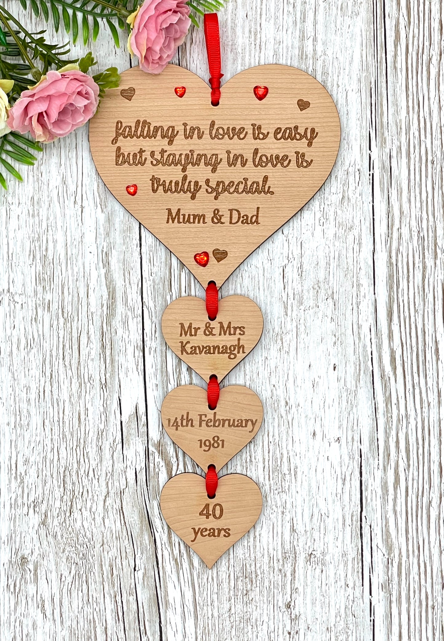 Ruby Wedding Anniversary 40th Gift Hearts Plaque