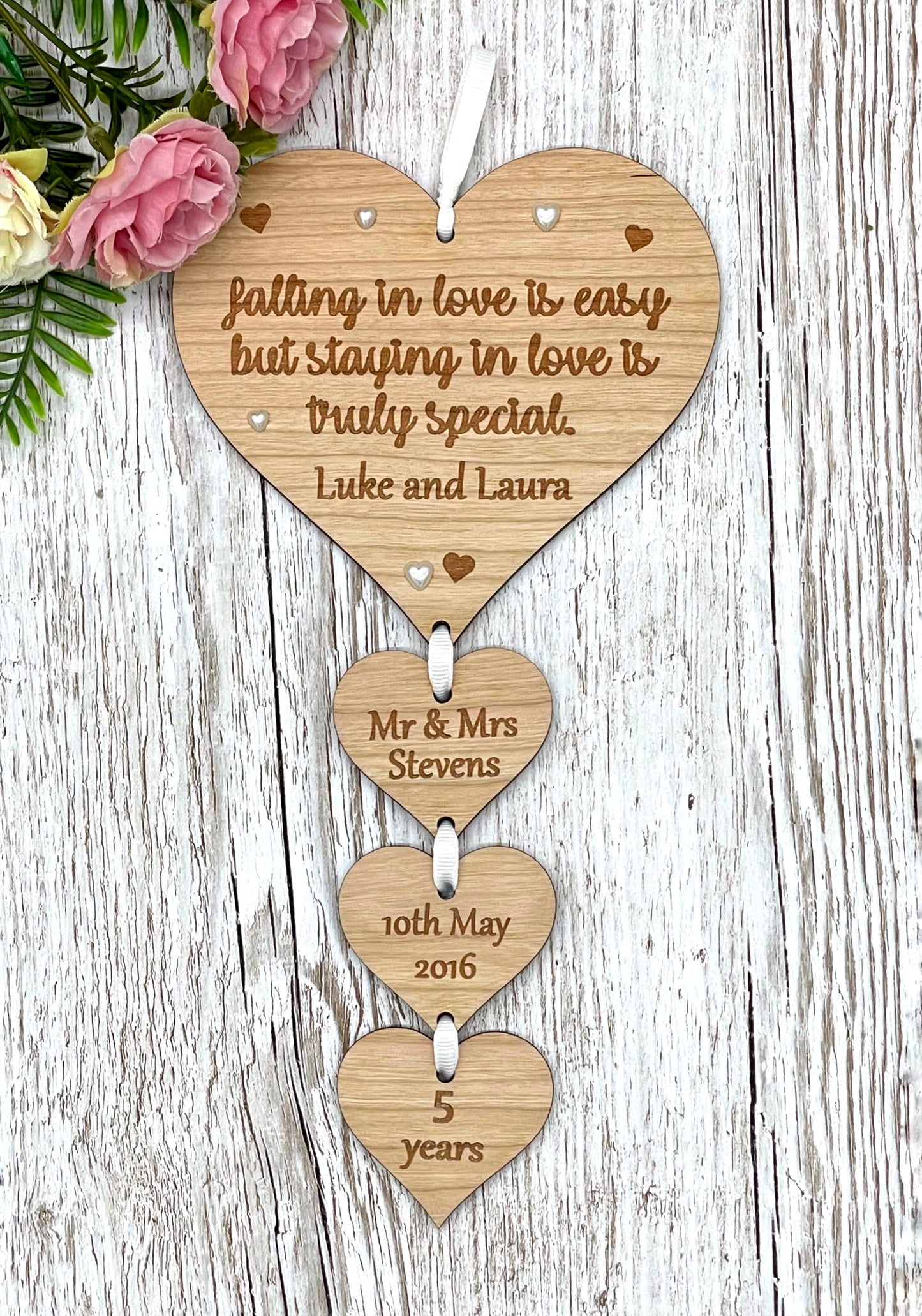 Wooden Wedding Anniversary Gift | 5th Anniversary Hearts Plaque