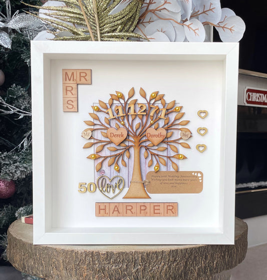 Golden Wedding Anniversary Gift Personalised Scrabble Tree Frame | 50th Anniversary