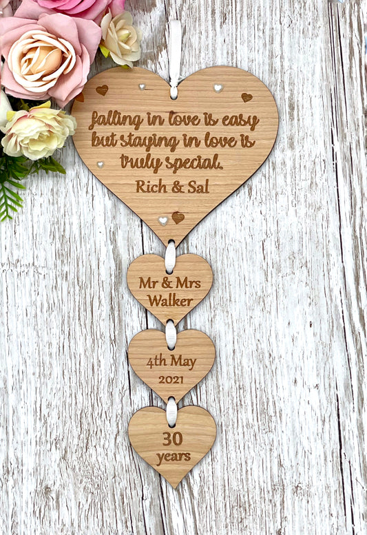 Pearl Wedding Anniversary 30th Anniversary Personalised Hanging Hearts Plaque