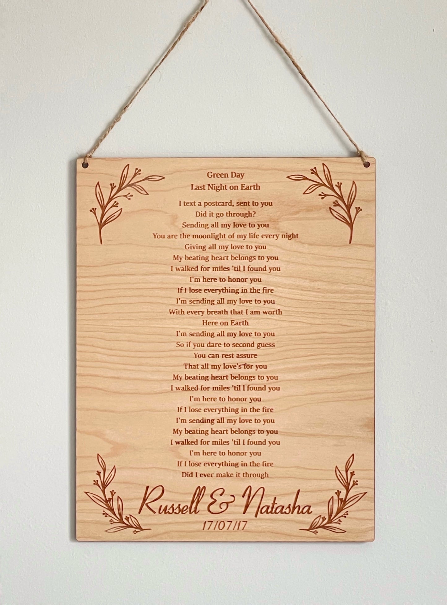 Song Lyric Wooden Wedding Anniversary Gift | 5th Anniversary