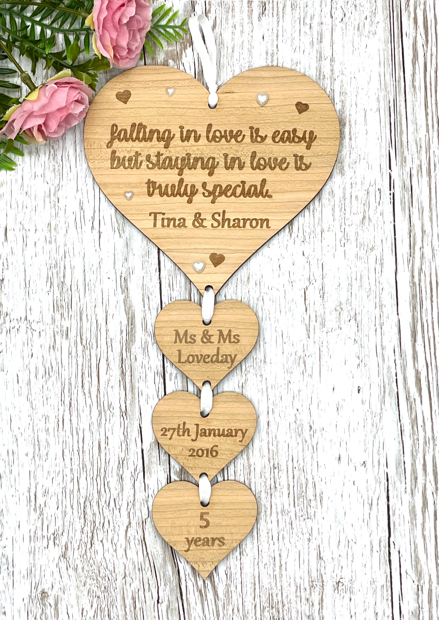 Wooden Wedding Anniversary Gift | 5th Anniversary Hearts Plaque